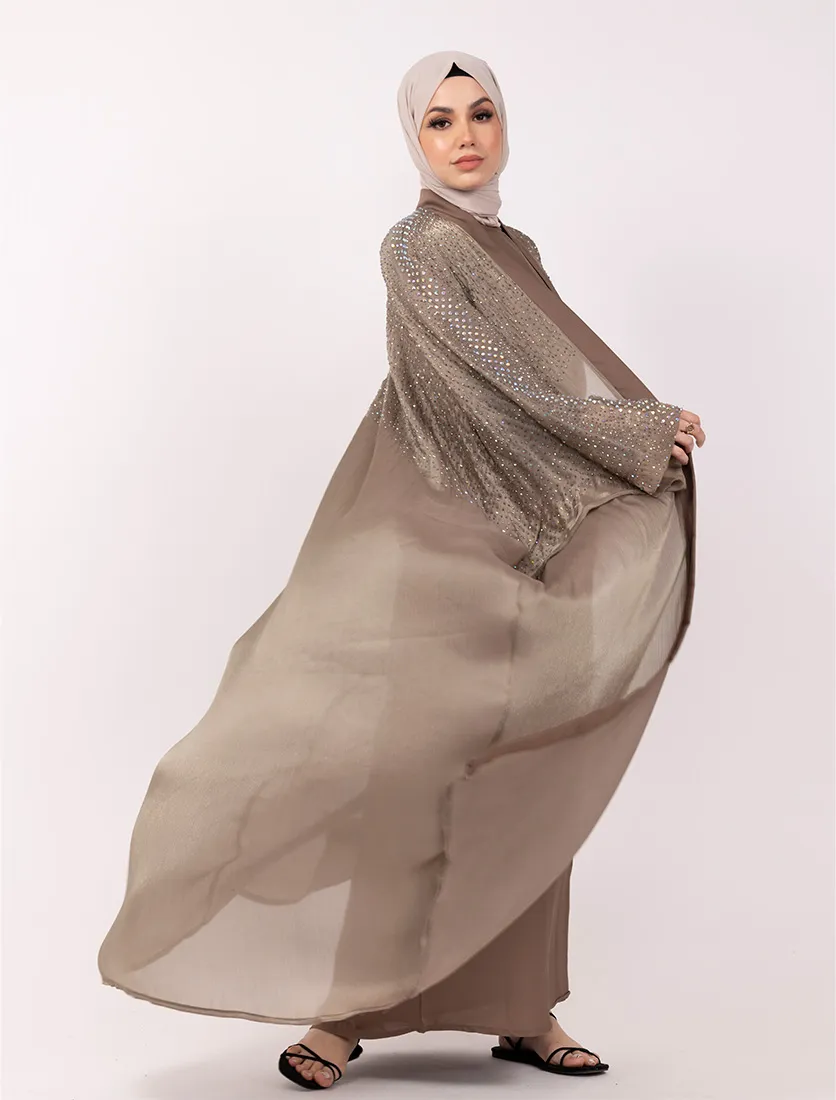 Mocha Sparkle Crystal Embellished Sheer Overlay Abaya
